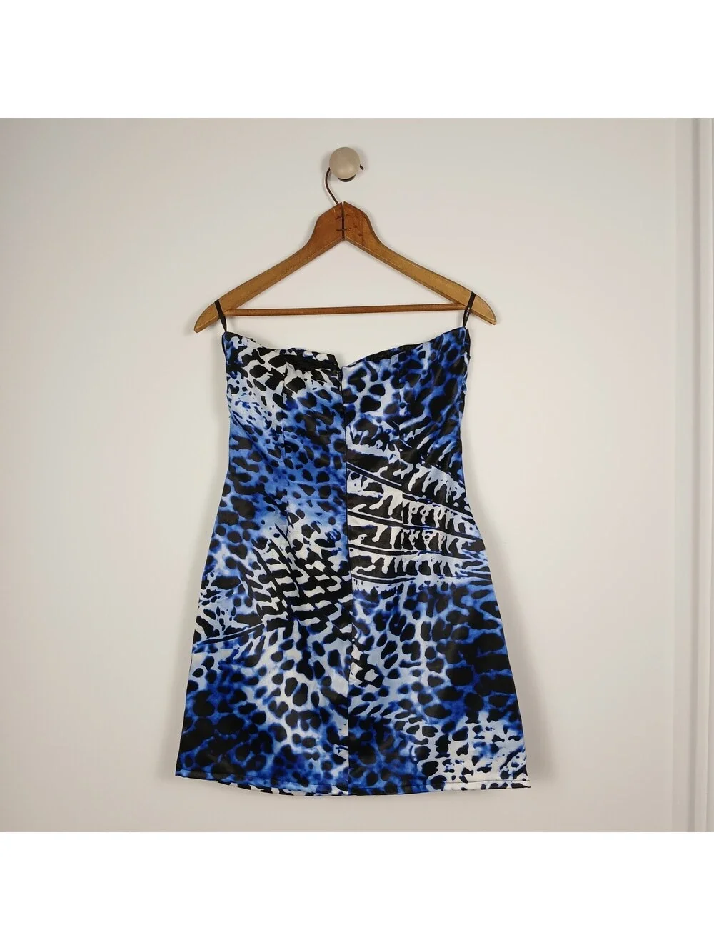 Snap Strapless Tube Dress Women Medium Blue Animal Print Mini Dress - Picture 4 of 9